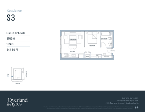 A floor plan for a residence labeled S3 shows a studio apartment with a bathroom, bedroom, living room, and kitchen.